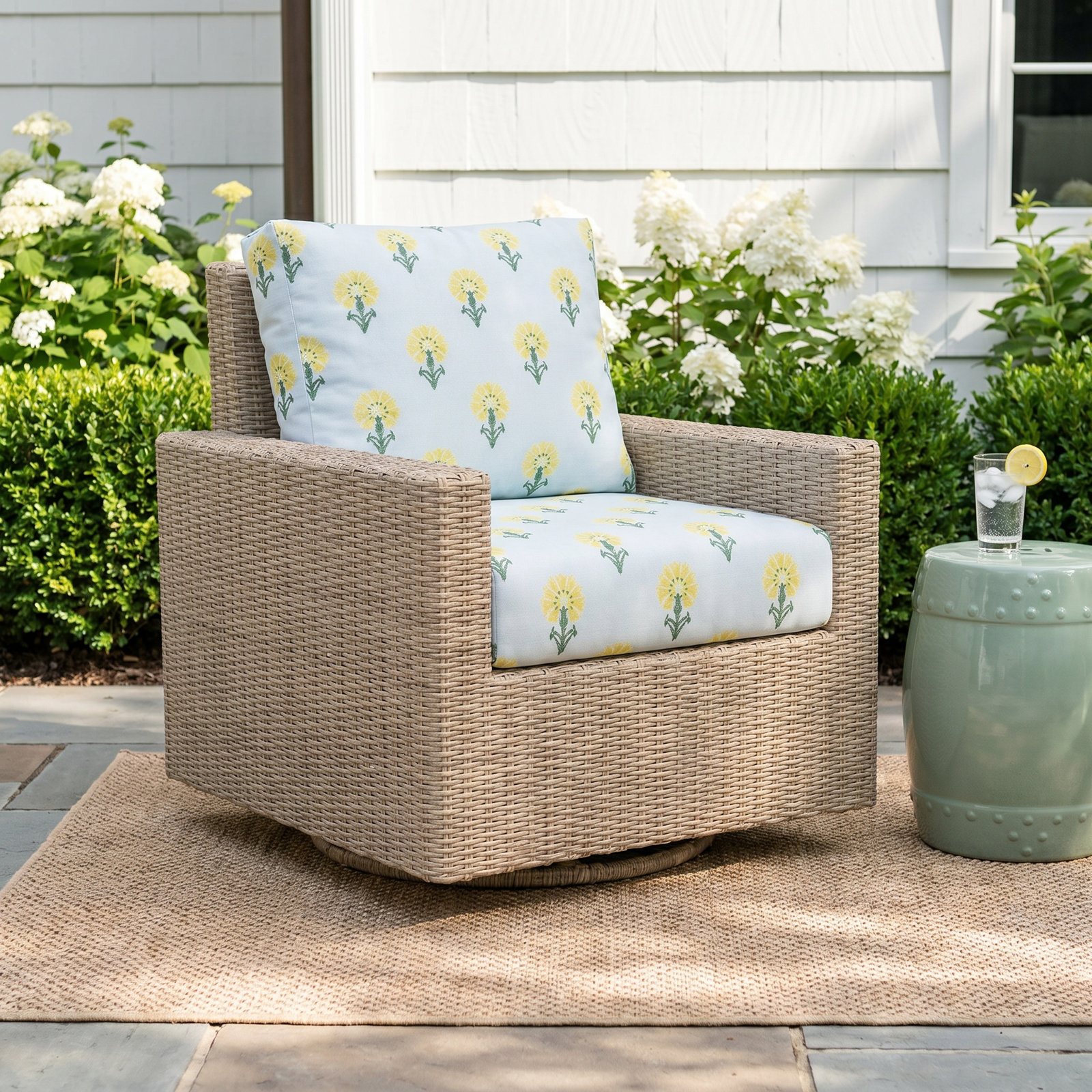 Hayes Sunbrella® Swivel Patio Lounge Chair, Mira Bluebell, Floral