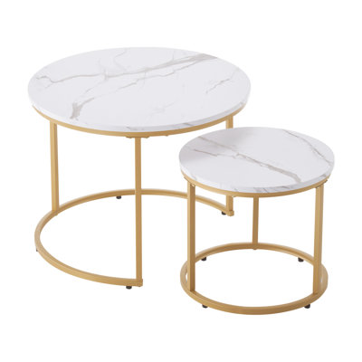 Ensemble de 2 tables basses gigognes, tables basses rondes de 23,6 po, tables gigognes pour petits espaces, tables de chevet rétro avec cadre en métal, pour salon, chambre à coucher, bureau (blanc et doré)