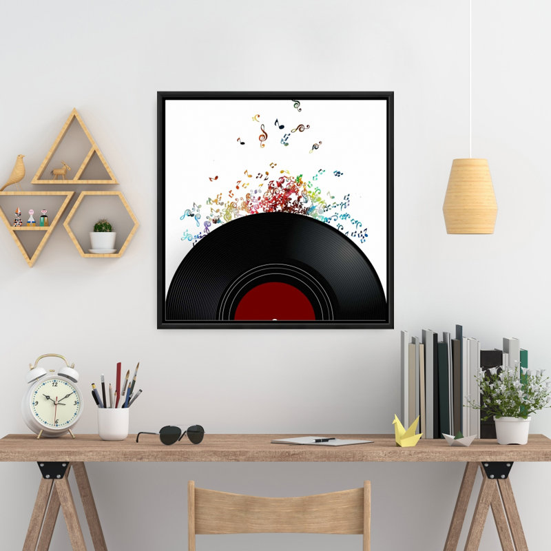 Notes qui s'échappent d'un disque vinyle - décor de toile encadrée, H 25,25 po x l 25,25 po