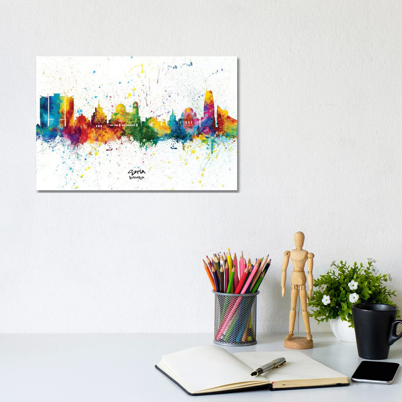 Sofia Bulgaria Skyline Splash by Michael Tompsett - Wrapped Canvas Print, 20.32 cm H x 30.48 cm W