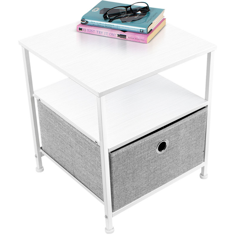 White Metal and Fabric 1-Drawer End Table with Shelves