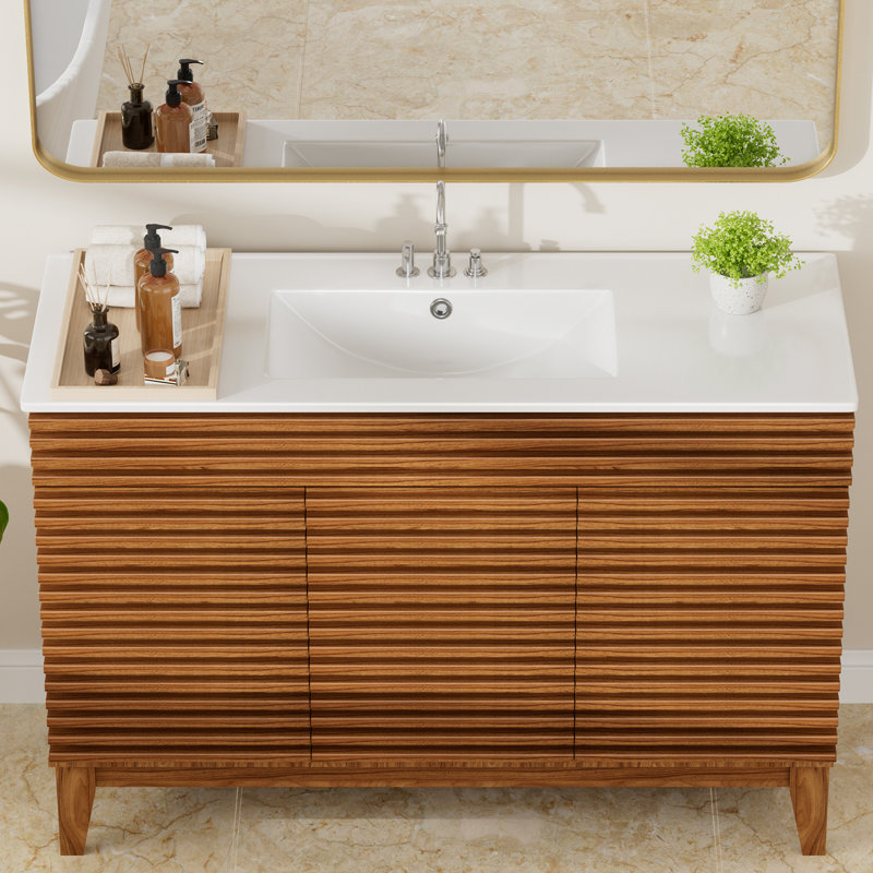 48"X18¼" Bathroom Vanity Sink Top With Three Holes, Ceramic Vanity Sink Top With Overflow, Drop In Bathroom Vessel Sink Rectangle, Glossy White
