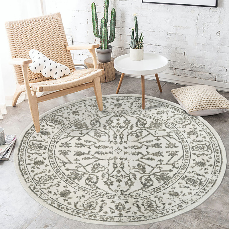 Calam Traditional Bordered Durable Performance Gray/Ivory Area Rug, Round 7'10"