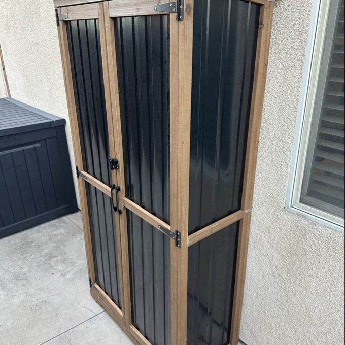 Outdoor Storage Cabinet Wood & Metal with Waterproof Roof, Garden Tool Shed with 3 Removable Shelves, 4 Adjustable Reinforced feet with Metal Brackets, 6 T-Hinge, Magnetic Door