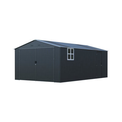 13x20ft Large Metal Garage Shed With Two Windows And Translucent Panels, Ideal For Cars, Trucks, Garden Equipment, Offering 250 Sq. Ft. Floor Space, Enhanced Ventilation, Lockable Double Doors,