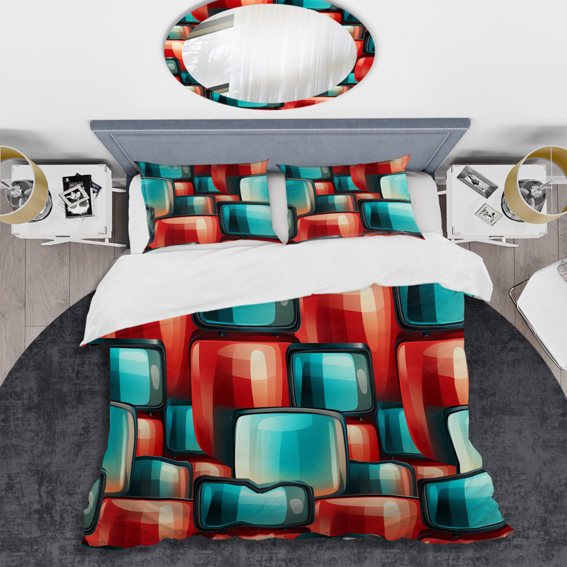 Ensemble de housse de couette rouge et cyan Popart Retro Tv, Housse de couette simple + 1 taie décorative stan