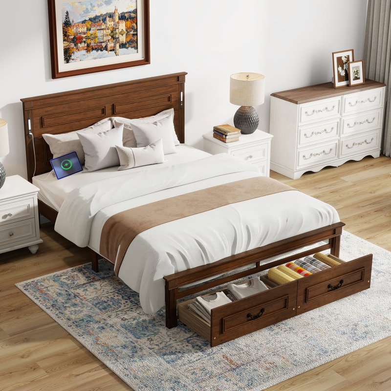 Grand lit avec tête de lit à panneau haut, pied de lit, 2 tiroirs de rangement, lumières DEL, charge USB et cadre en pin renforcé