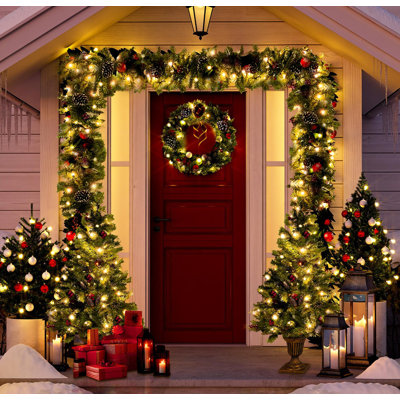 Ensemble de 4 pièces pré-éclairées pour décoration de Noël artificielle - arbre de Noël, guirlande, couronne et 2 arbres d'entrée avec lumières DEL