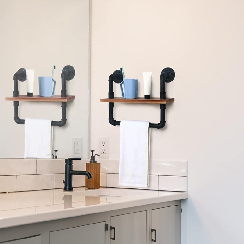 Rustic Farmhouse Wall-Mounted Shelf With Towel Bar For Bathroom Organization And Industrial Style Decor