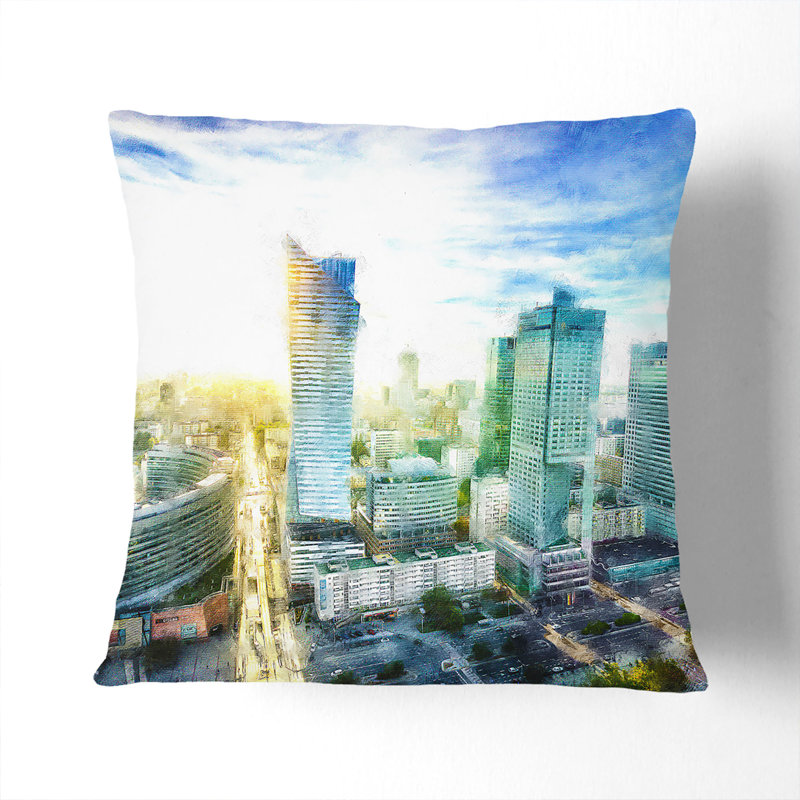 Skyline of Warsaw in Poland Painting Cushion with Filling, 40cm H x 40cm W x 15cm D, Stone