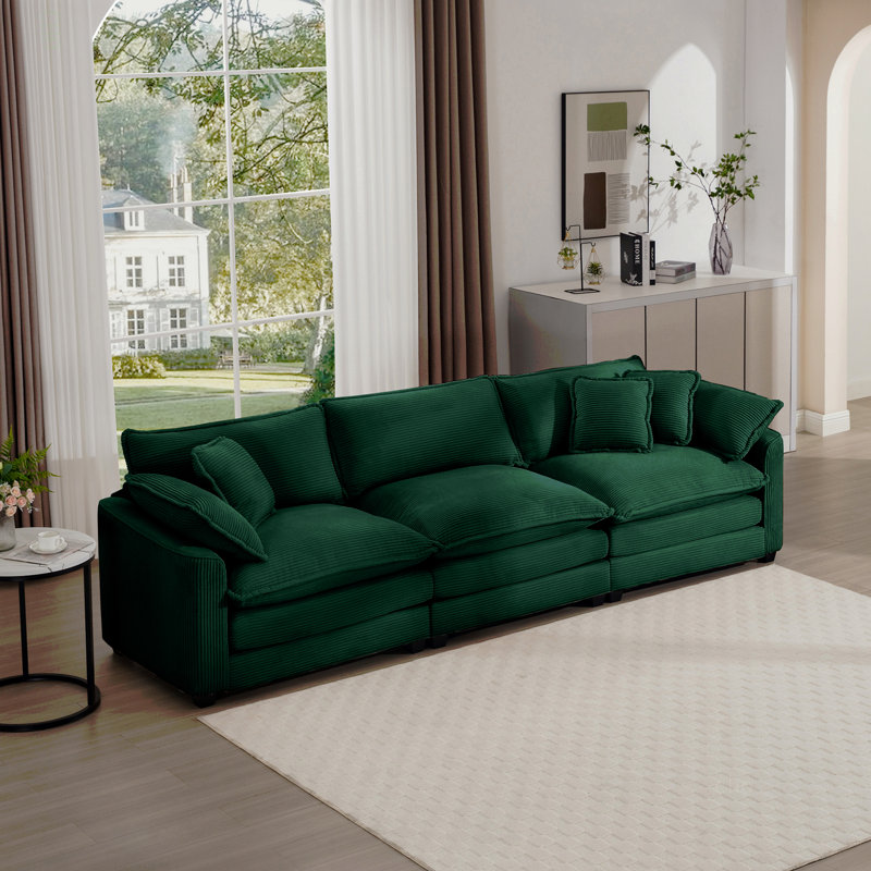 Canapé modulaire Mid-Century 3 places avec 2 accoudoirs et 3 coussins, tissu modulaire en velours côtelé de salon