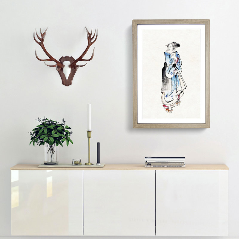 Walking Woman by Katsushika Hokusai - Picture Frame Painting Print, 65cm H x 48cm W x 2cm D, Oak Framed