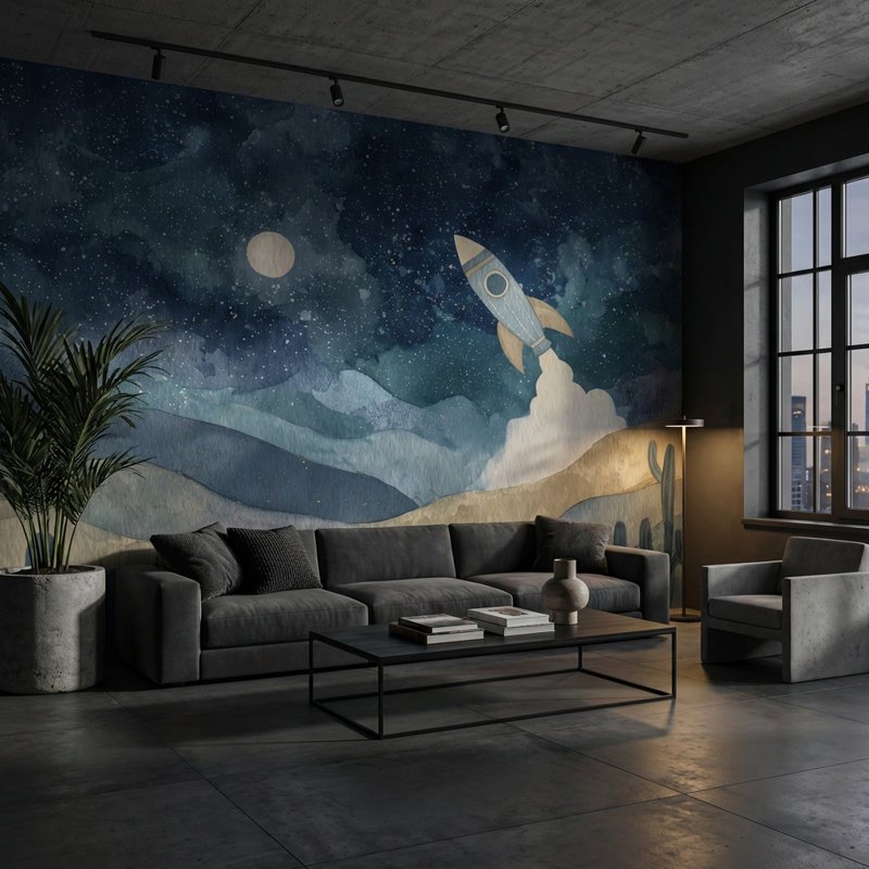 Starry Night Wallpaper Rocket Dreamy Wall Mural, Textured Non-Pasted, 160"x108"