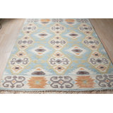 Blue Hand-Knotted Wool Diamond Medallions Geometric Modern Contemporary Carpet Rug