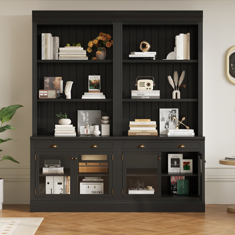 83.4" Tall LED-Lit Modern 2-Piece Bookcase Suite with Glass Doors, Drawers & Open Shelves - Storage Solution for Living Room & Home Office