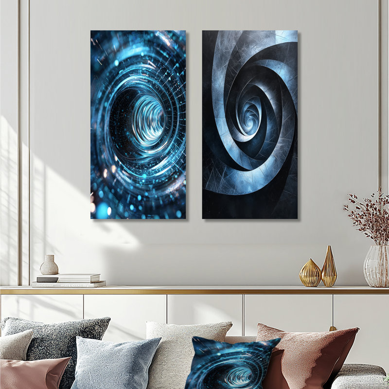 «Blue Fractal Black Hole I», ensemble de 2 pièces d'art abstrait en spirale, H 32 po x l 32 po, Toile tendue