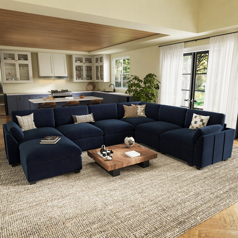 Grand canapé modulaire en forme de U de 137,8 pouces Caryn, Velours bleu