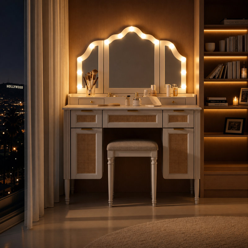 White Makeup Vanity Desk with 13 Hollywood LED Lights, Tri-Fold Mirror, 5 Drawers, Storage Cabinets & Charging Station, White