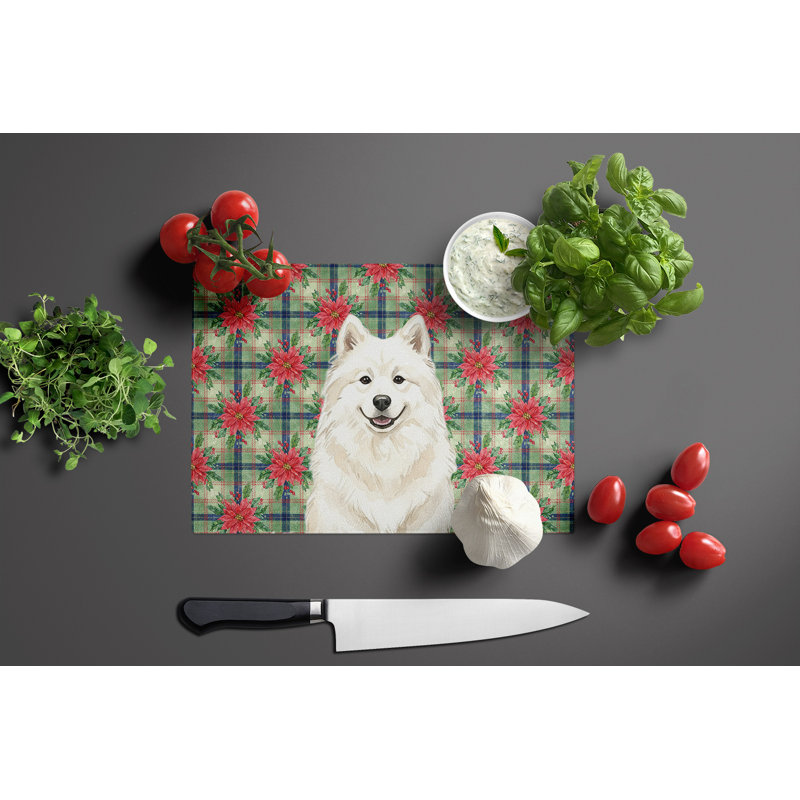 Planche à découper en verre crème Samoyed Christmas PoinsettIas