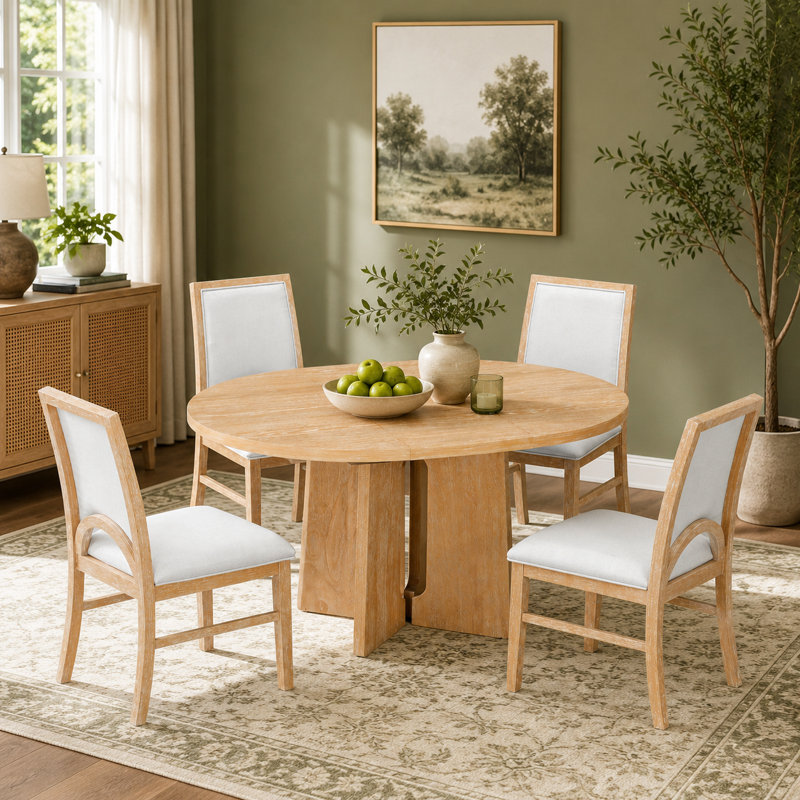 Table de salle à manger ronde extensible avec chaises rembourrées, naturel, Natural