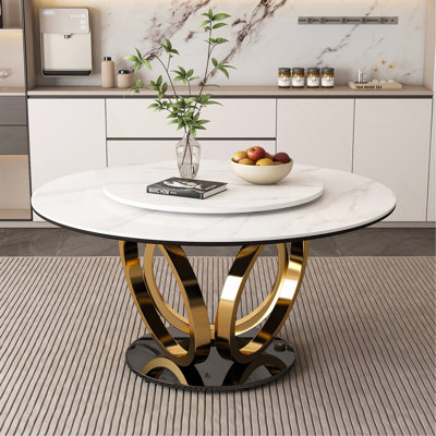 Table de salle à manger ronde de 53 po avec plateau tournant en pierre frittée résistante aux taches et à la chaleur à 360 °, conception minimaliste moderne pour la salle à manger, la cuisine, le coin-repas et l'espace compact