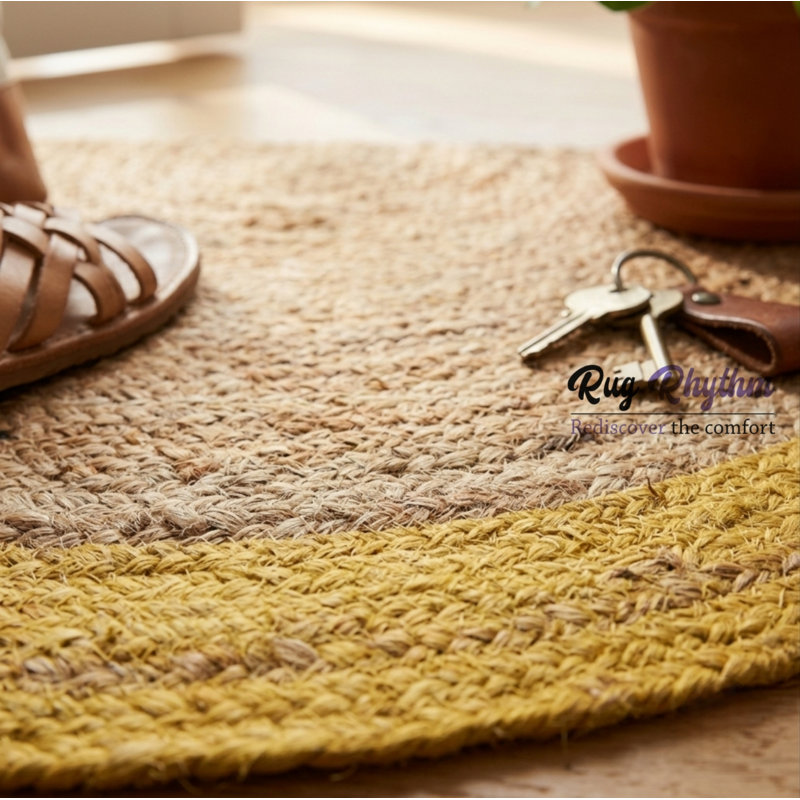 Tapis demi-rond en jute tressé à la main avec bordure jaune moutarde, 36 po x 72 po