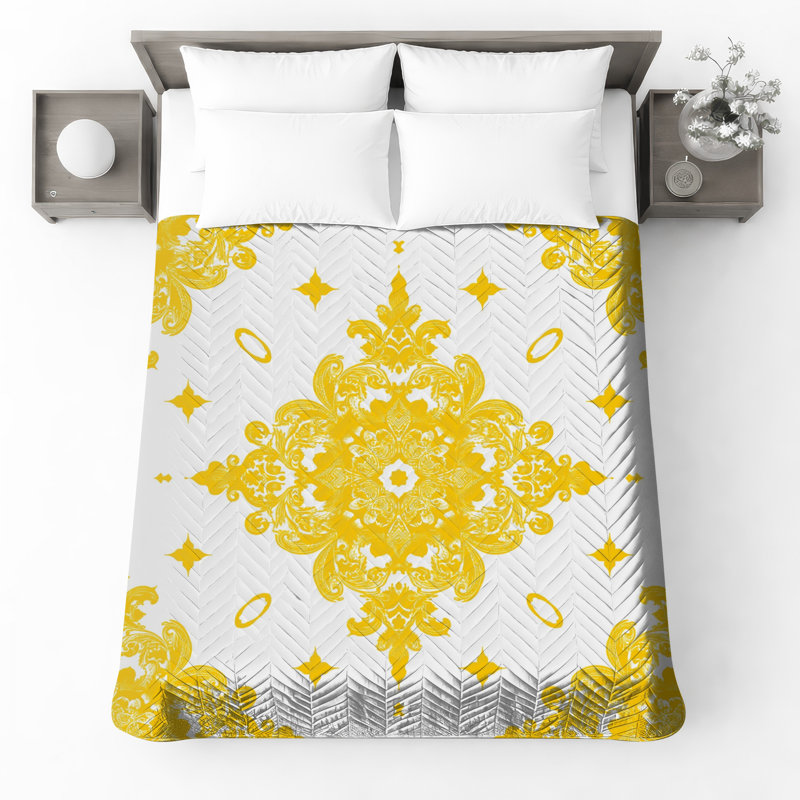 Yellow Ornate Damask Quilted Bedspread All Sizes, Twin