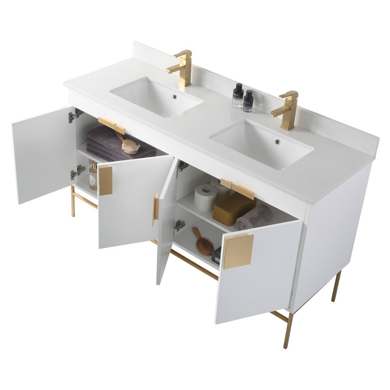 Ensemble de meuble-lavabo double 60 po Tortola, Peint blanc mat, Laiton satiné