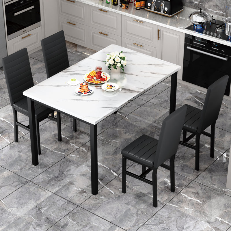 4 - Person Faux Marble Top Four Leg Dining Set, Black, Black