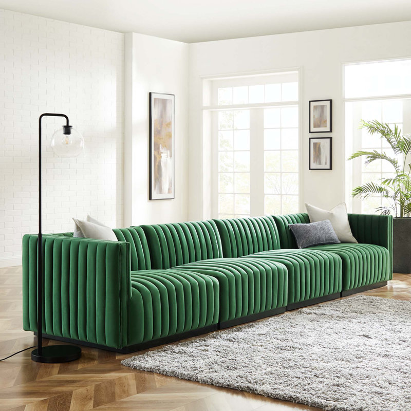 Conjure Channel Tufted Sofa by Modway, Black, Emerald Velvet, 28" H x 155" W x 36.5" D