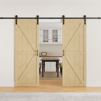 Porte de grange coulissante en bois de sapin massif 84 po H 84 po, à peindre, avec garde-robe