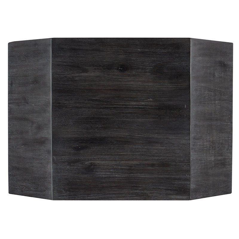 Hexagonal Dark Wood End Table with Stone Accents