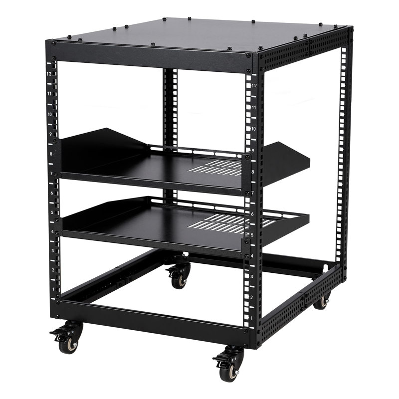 12U Open Frame Server Rack, 23 in -40 in Adjustable Depth, Wall Mount & Free Standing Network Rack with 4 Lockable Casters & 2pcs 1U Server Rack Shelf, Holds All Your IT/AV Equipment Rack