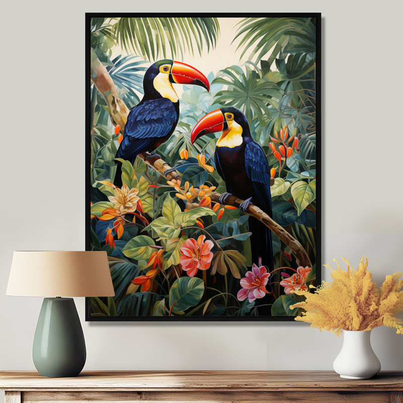 Trois toucans dans une jungle de fleurs tropicales - décoration murale animaux toucan, Toile avec cadre noir