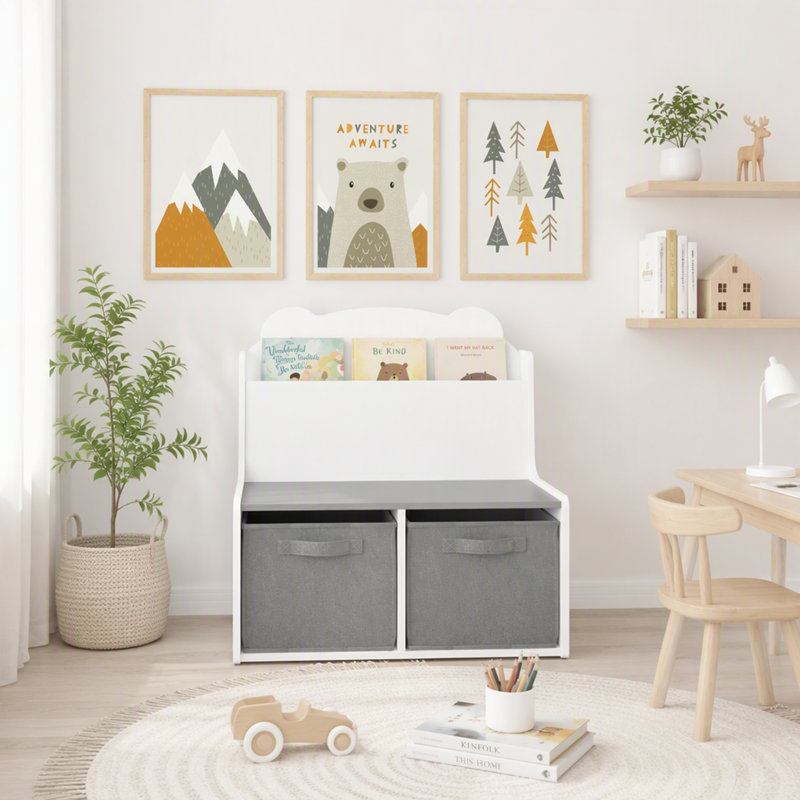 Bibliothèque pour enfants avec bacs de rangement, bibliothèque en bois avec étagère à livres et 2 bacs en tissu, blanche et grise