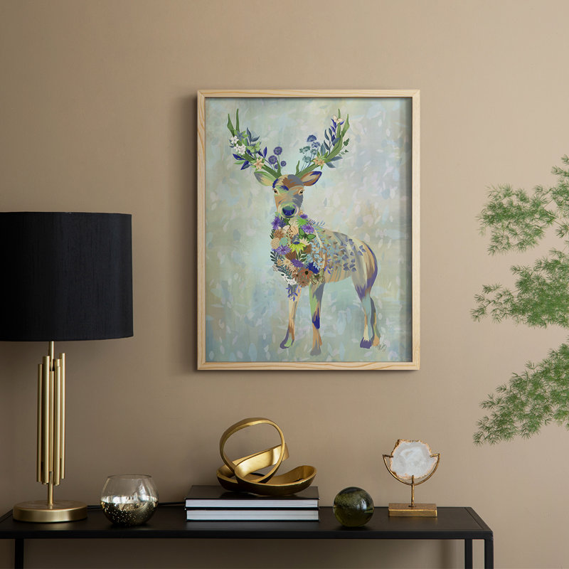 Fantastic Florals Deer, Full Framed Print - Solid Wood, 21" H x 17" W
