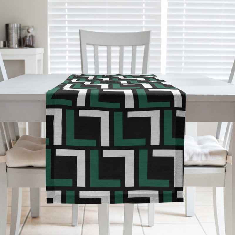 Chemin de table Carolina, 90 po x 16 po, Coton, Noir furtif / vert Gotham / blanc