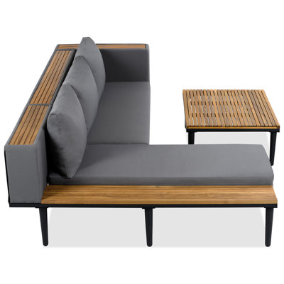 L-Shaped Acacia Wood 6-Seat Outdoor Patio Sectional Sofa Set with Side Coffee Table & Removable Gray Cushions