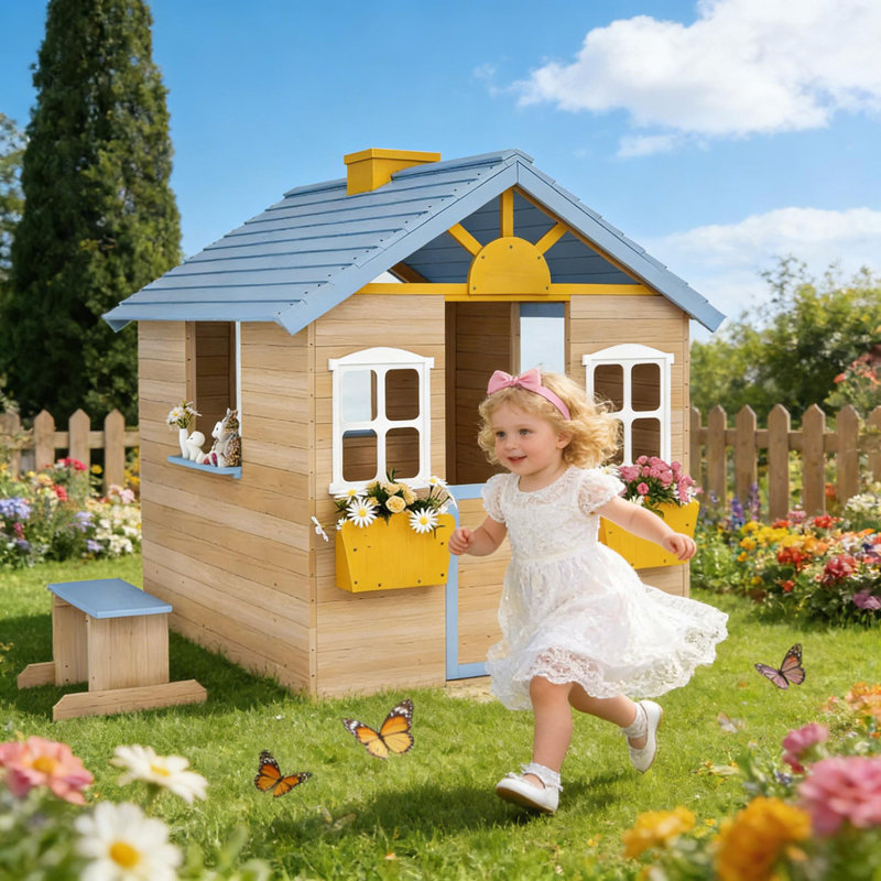 Maisonnette d'extérieur en bois pour enfants, Bleu / naturel / blanc / jaune
