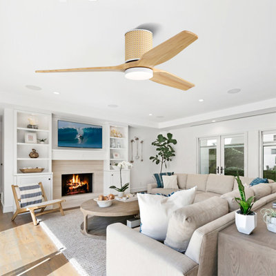 52 In. 3 Solid Wood Blades Flush Mount Ceiling Fan With Led Light