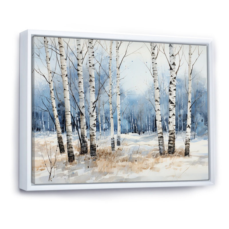 Bois de bouleau blanc et bleu en hiver - Art mural bouleau, H 30 po x l 40 po x P 1,5 po, Cadre flottant blanc