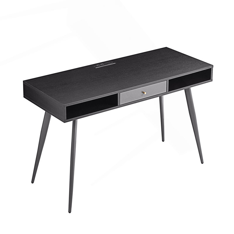Bureau Mid-Century avec ports USB et prise de courant, bureau d'écriture moderne avec tiroirs, Noir