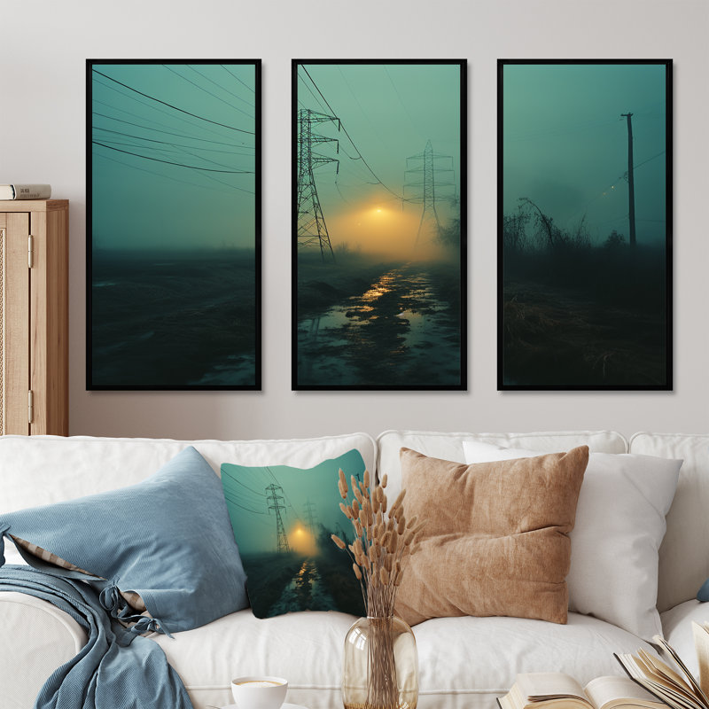 Teal Tangle Power Lines Mystery - Ensemble de salon mural Power Lines, H 28 po x l 36 po x P 1 po, Cadre flottant noir