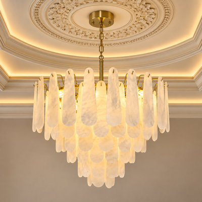 32" Modern Alabaster Round Chandelier, 6-Tier Natural Spanish Marble Chandelier with Brass Finish, Bulbs Included