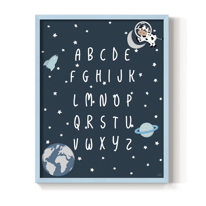 Space Cow Alphabet, reproduction encadrée - bois massif, H 11 po x l 9 po, Bleu