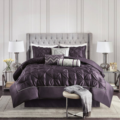 7 Piece Comforter For King - Plum With Design And Includes Comforter, Shams, Pillows & Bed Skirt Wrinkle- In Elegant Fill Steam