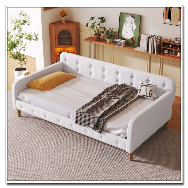 Twin Size Upholstered Daybed with 4 Support Legs, Beige
