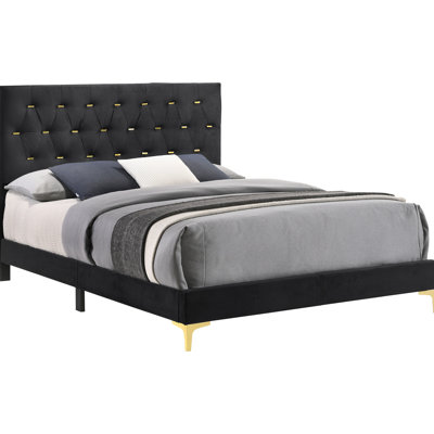 King Bed In Black For Bedroom, Panel With Diamond Design And Gold Finish Eastern Upholstered Finish, Headboard Bar Buttons