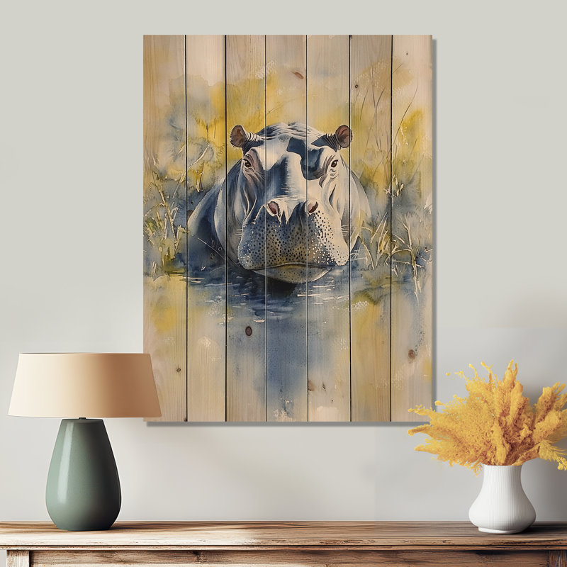 Hippopotame en Afrique - Impression sur bois gris moderne sur bois de pin naturel, H 40 po x l 30 po