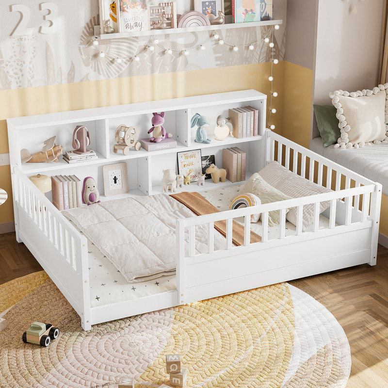 Structure de lit double avec bibliothèque de rangement, lit de jour en bois, aucun sommier requis, Blanc, Lit double